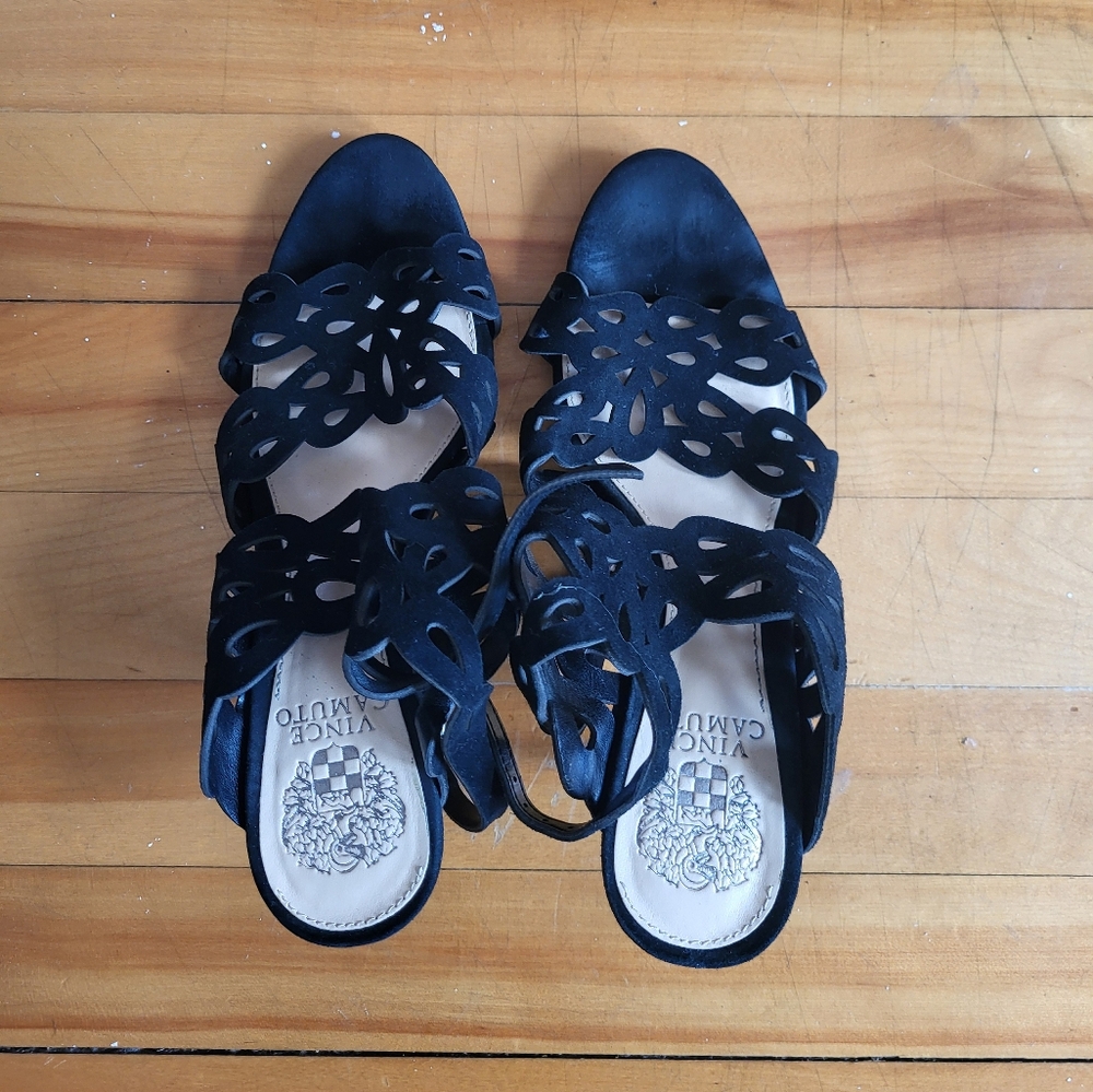 Black suede laser cut detail mid heeled sandals